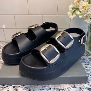 Anthropologie Jeffrey Campbell Platform Slide Sandals with Gold Buckles - Black